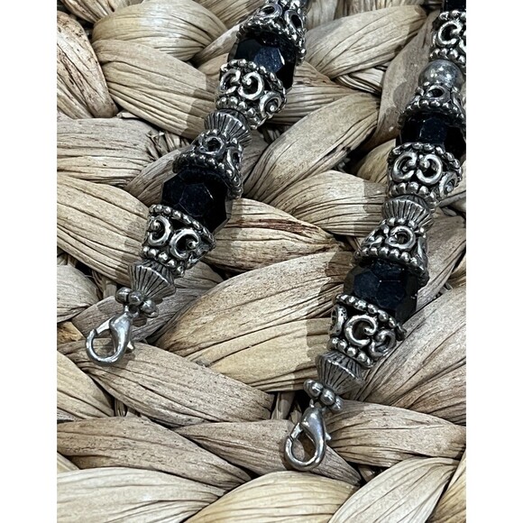 Best Y2k Double Strand Beaded Stretch Watch Band Silver Plated Black Glass Camp - Picture 3 of 6